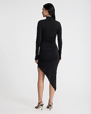 Body Contour Mock Neck Ruched Asymmetrical Midi Dress | Express