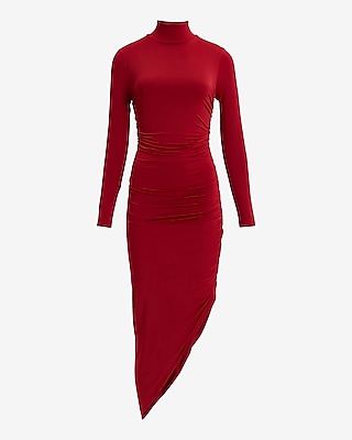 Body Contour Mock Neck Ruched Asymmetrical Midi Dress