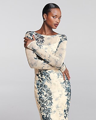 Printed Mesh Crew Neck Long Sleeve Maxi Dress