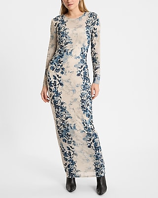 Printed Mesh Crew Neck Long Sleeve Maxi Dress