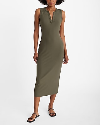 Ribbed Henley Sleeveless Midi Sheath Dress