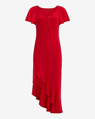 Sweetheart Flutter Sleeve Asymmetrical Ruffle Midi Dress