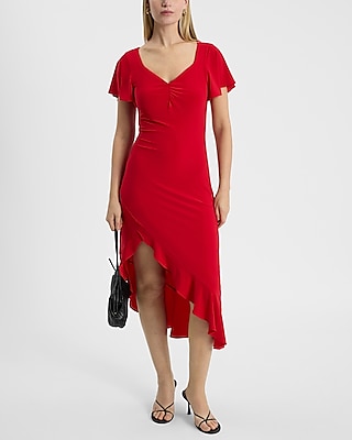 Sweetheart Flutter Sleeve Asymmetrical Ruffle Midi Dress