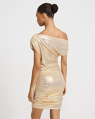 Metallic Asymmetrical Ruched Mini Sheath Dress