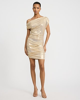 Metallic Asymmetrical Ruched Mini Sheath Dress | Express