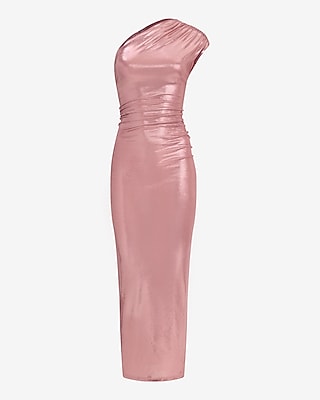Metallic One Shoulder Ruched Maxi Sheath Dress