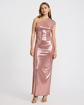 Metallic One Shoulder Ruched Maxi Sheath Dress