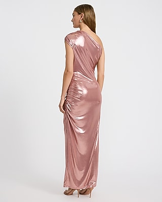 Metallic One Shoulder Ruched Maxi Sheath Dress