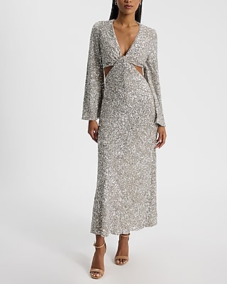 Sequin Long Sleeve Cutout Twist Front Midi Dress