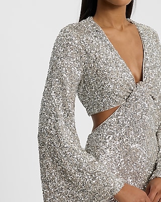 Sequin Long Sleeve Cutout Twist Front Midi Dress