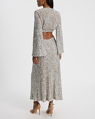 Sequin Long Sleeve Cutout Twist Front Midi Dress