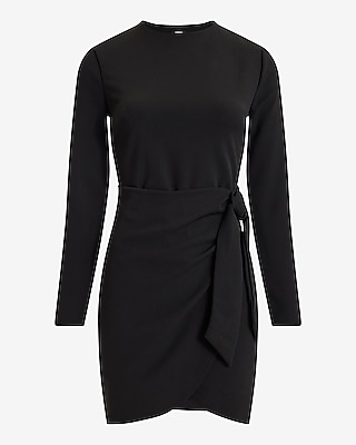 Crepe Crew Neck Long Sleeve Tie Wrap Mini Sheath Dress