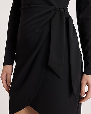 Crepe Crew Neck Long Sleeve Tie Wrap Mini Sheath Dress