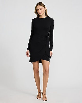 Crepe Crew Neck Long Sleeve Tie Wrap Mini Sheath Dress