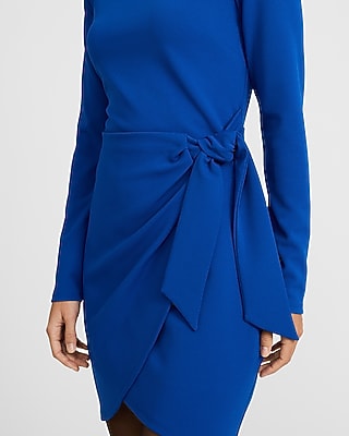 Crepe Crew Neck Long Sleeve Tie Wrap Mini Sheath Dress