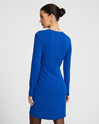 Crepe Crew Neck Long Sleeve Tie Wrap Mini Sheath Dress