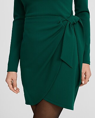Crepe Crew Neck Long Sleeve Tie Wrap Mini Sheath Dress