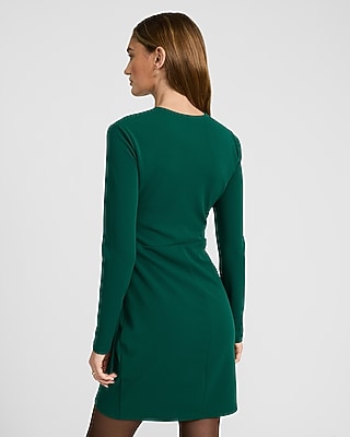 Crepe Crew Neck Long Sleeve Tie Wrap Mini Sheath Dress