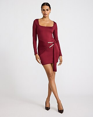 rib knit wrap dress Jersey Square Neck Long Sleeve Belted Mini $50-$75