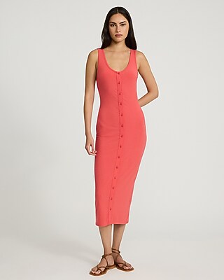 Ribbed Scoop Neck Button Down Midi Dress