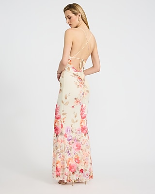 Floral Mesh Cowl Neck Strappy Low Back Maxi Dress | Express