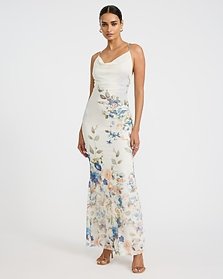 Floral Mesh Cowl Neck Strappy Low Back Maxi Dress