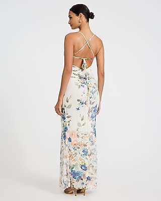 Floral Mesh Cowl Neck Strappy Low Back Maxi Dress