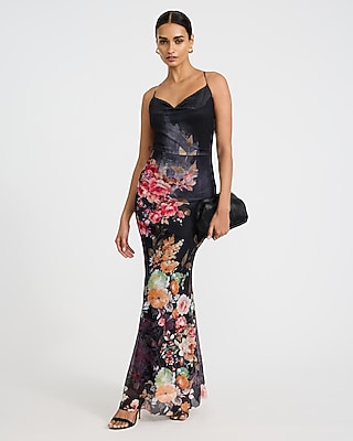 Floral Mesh Cowl Neck Strappy Low Back Maxi Dress | Express