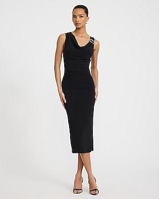 Cowl Neck Hardware Sleeveless Ruched Midi Dress