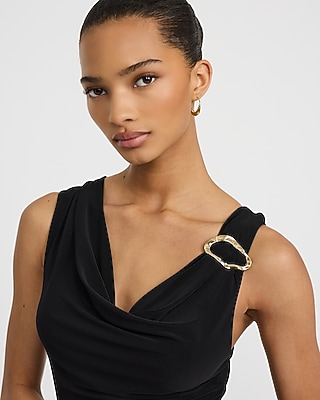 Cowl Neck Hardware Sleeveless Ruched Midi Dress