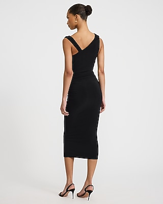 Cowl Neck Hardware Sleeveless Ruched Midi Dress
