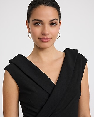 Crepe V-Neck Cap Sleeve Surplice Midi Sheath Dress