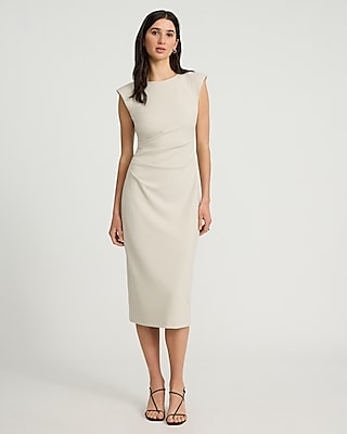 Crew Neck Cap Sleeve Ruched Midi Sheath Dress