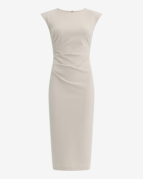 Crew Neck Cap Sleeve Ruched Midi Sheath Dress | Express Crew Neck Cap Sleeve Ruched Midi Sheath Dress | Express