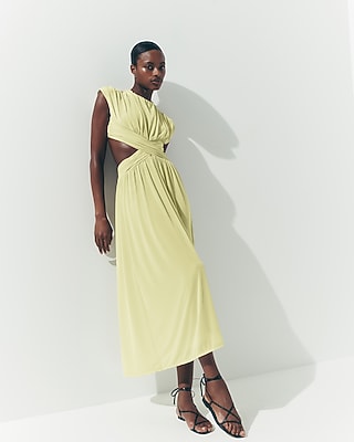 Pleated Cutout Cap Sleeve Maxi Dress