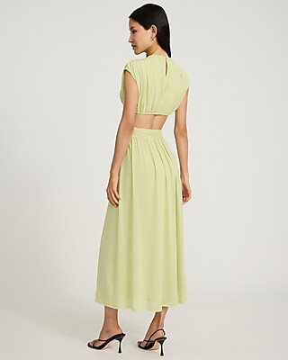 Pleated Cut Out Cap Sleeve Maxi Dress