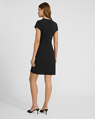 Crew Neck Cap Sleeve Tie Wrap Mini Sheath Dress