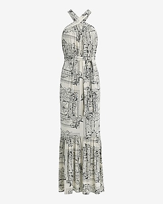 Printed Halter Sleeveless Tie Waist Maxi Dress