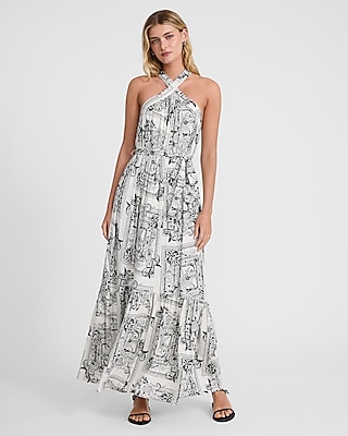 Printed Halter Sleeveless Tie Waist Maxi Dress