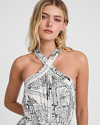 Printed Halter Sleeveless Tie Waist Maxi Dress