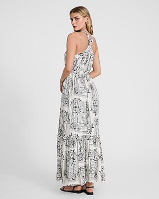 Printed Halter Sleeveless Tie Waist Maxi Dress