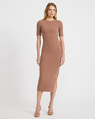 ribbed ruched midi dress Express Women's Ribbed Knit Cap Sleeve Ruched Midi Dress in White Large