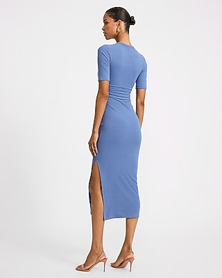 Ribbed Crew Neck Short Sleeve Ruched Maxi Dress