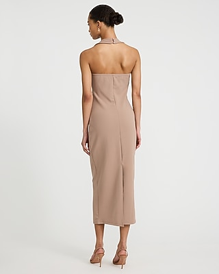 Halter V-Neck Gold Hardware Ruched Midi Sheath Dress