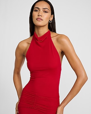 Mesh Halter Low Back Ruched Maxi Sheath Dress - image 2