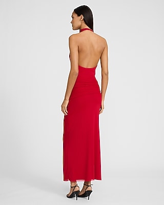 Mesh Halter Low Back Ruched Maxi Sheath Dress - image 3