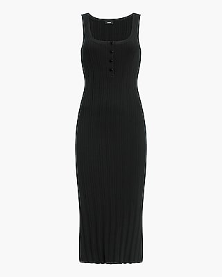 Ribbed Scoop Neck Henley Sleeveless Midi Sweater Dress