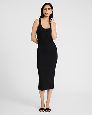 Ribbed Scoop Neck Henley Sleeveless Midi Sweater Dress