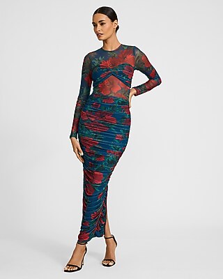 floral mesh dress long sleeve Floral Mesh Mini Dress with Long Sleeves for Date Night