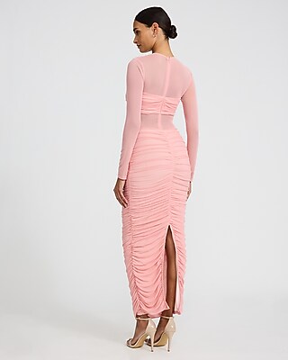 Mesh Ruched Long Sleeve Twist Front Maxi Dress - image 3
